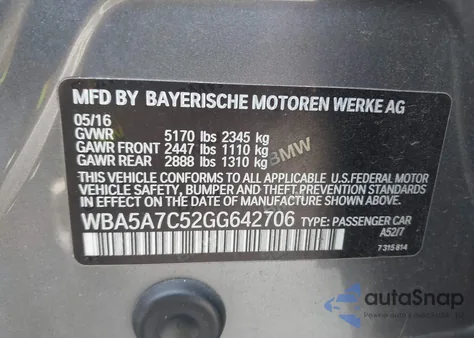 2016 BMW 528I xDrive from USA, damaged, VIN WBA5A7C52GG642706